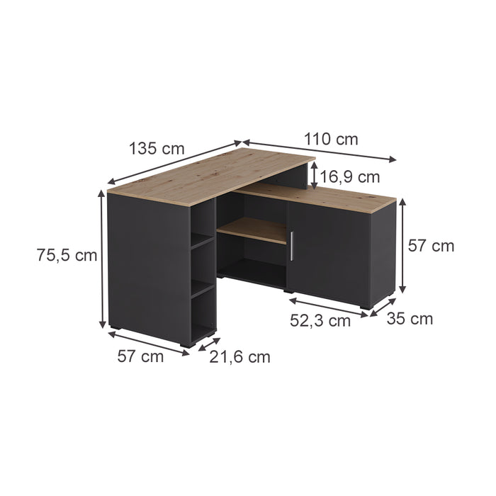 Vicco Scrivania angolare Antracite/Artisan 135 x 110 cm con ripiani