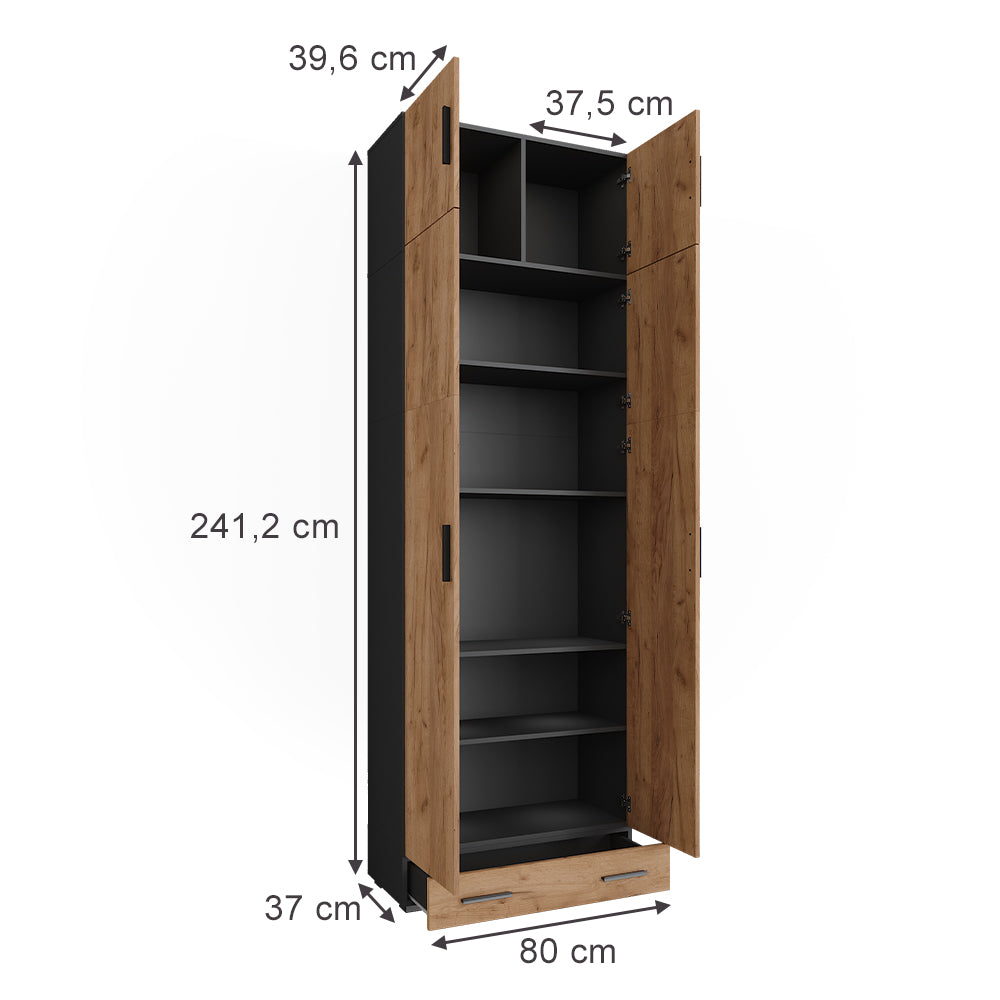 Vicco Scaffale per file Antracite/quercia dorata 80 x 241.2 cm con piano superiore e modulo cassetto