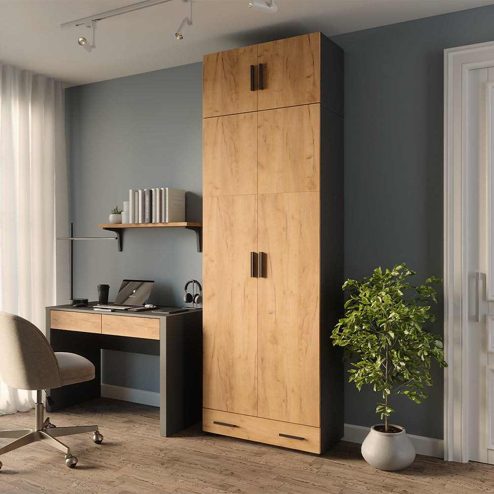 Vicco Scaffale per file Antracite/quercia dorata 80 x 241.2 cm con piano superiore e modulo cassetto