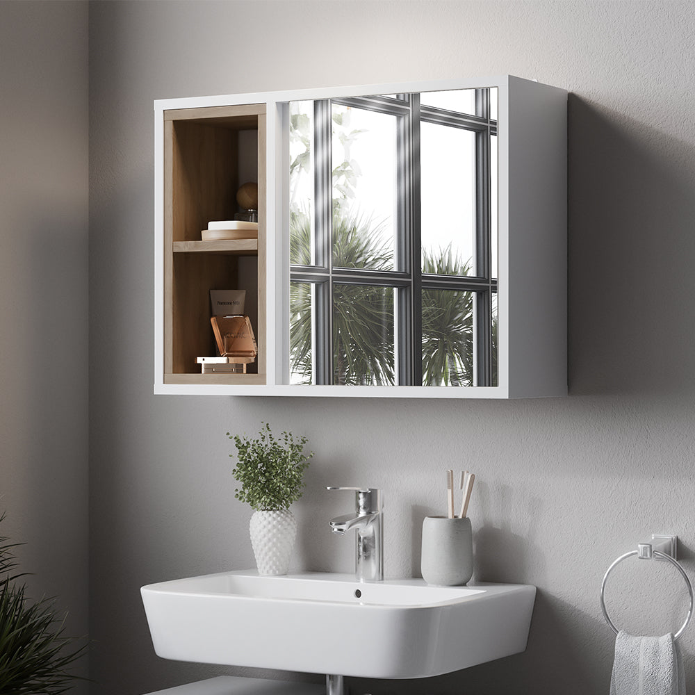 Vicco Specchio contenitore bagno Bianco/quercia 60 x 45 cm con 2 scomparti aperti e 1 anta