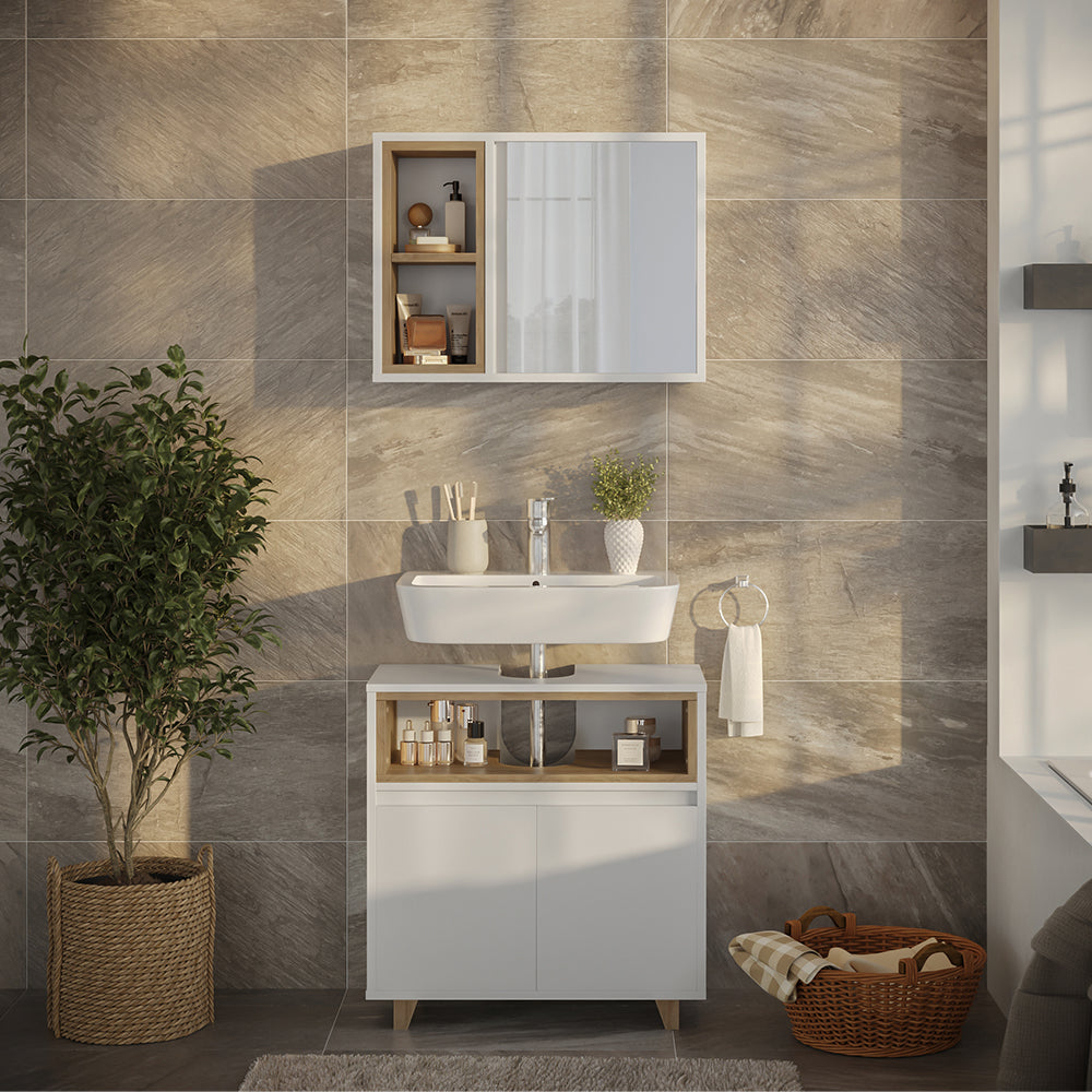 Vicco Set di mobili da bagno Bianco/quercia con mobiletto a specchio e mobiletto base