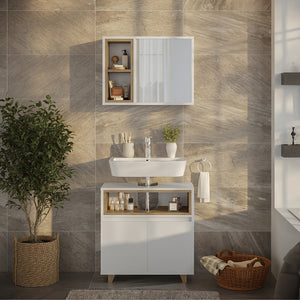 Vicco Set di mobili da bagno Bianco/quercia con mobiletto a specchio e mobiletto base