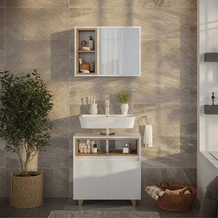 Vicco Set di mobili da bagno Bianco/quercia con mobiletto a specchio e mobiletto base