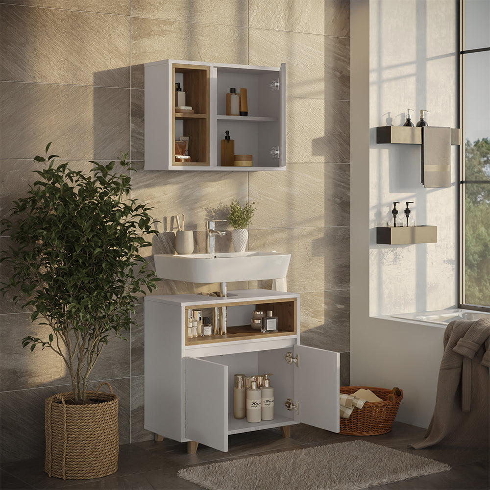 Vicco Set di mobili da bagno Bianco/quercia con mobiletto a specchio e mobiletto base