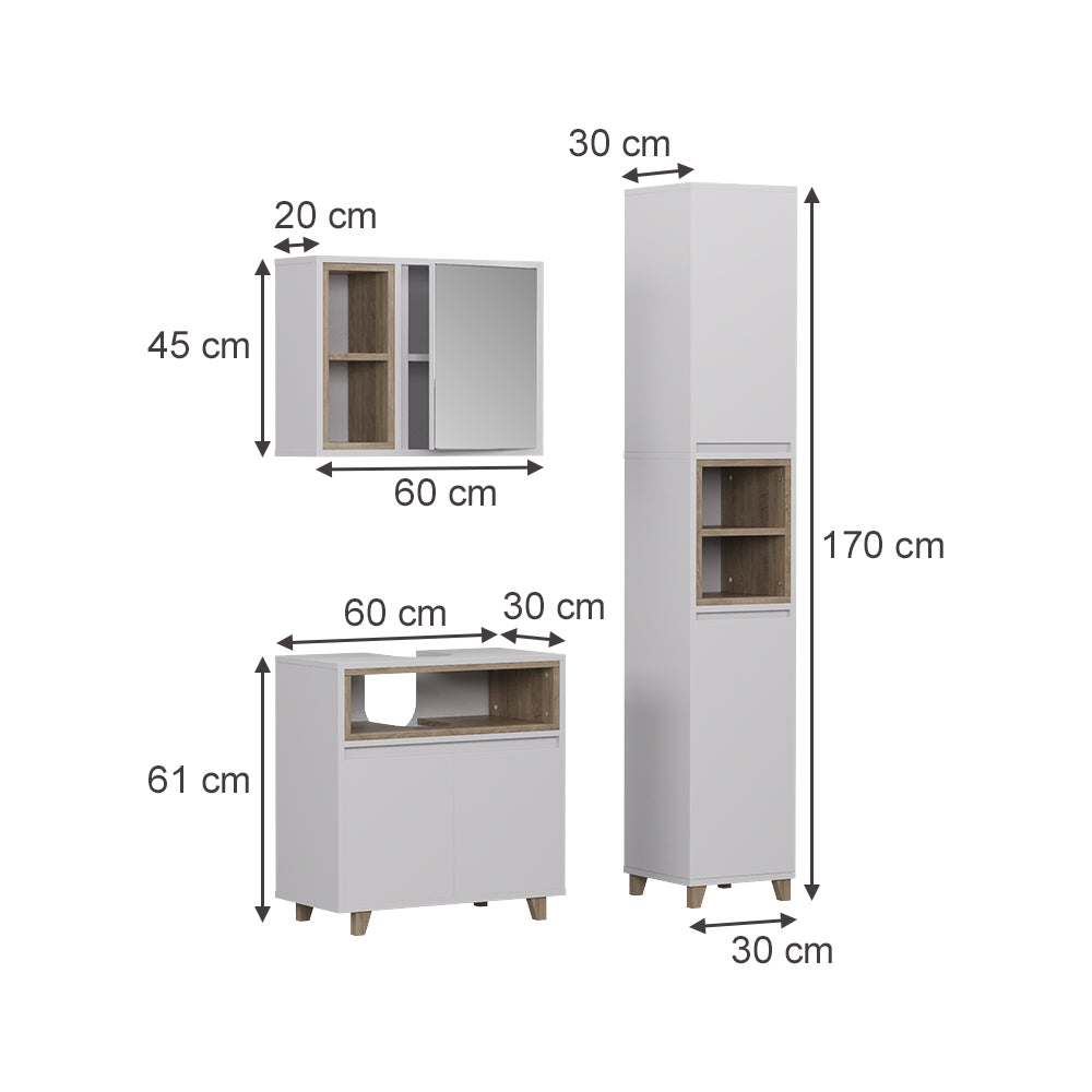 Vicco Set di mobili da bagno Bianco/quercia 3 parti con mobile alto