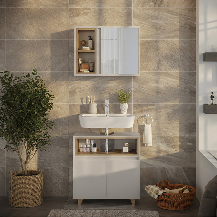 Vicco Set di mobili da bagno Greige/Rovere con mobiletto a specchio e mobiletto base