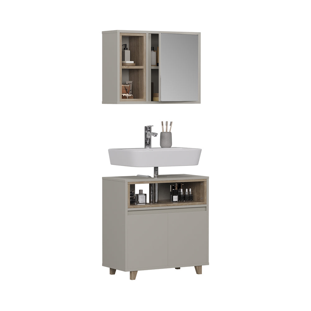 Vicco Set di mobili da bagno Greige/Rovere con mobiletto a specchio e mobiletto base