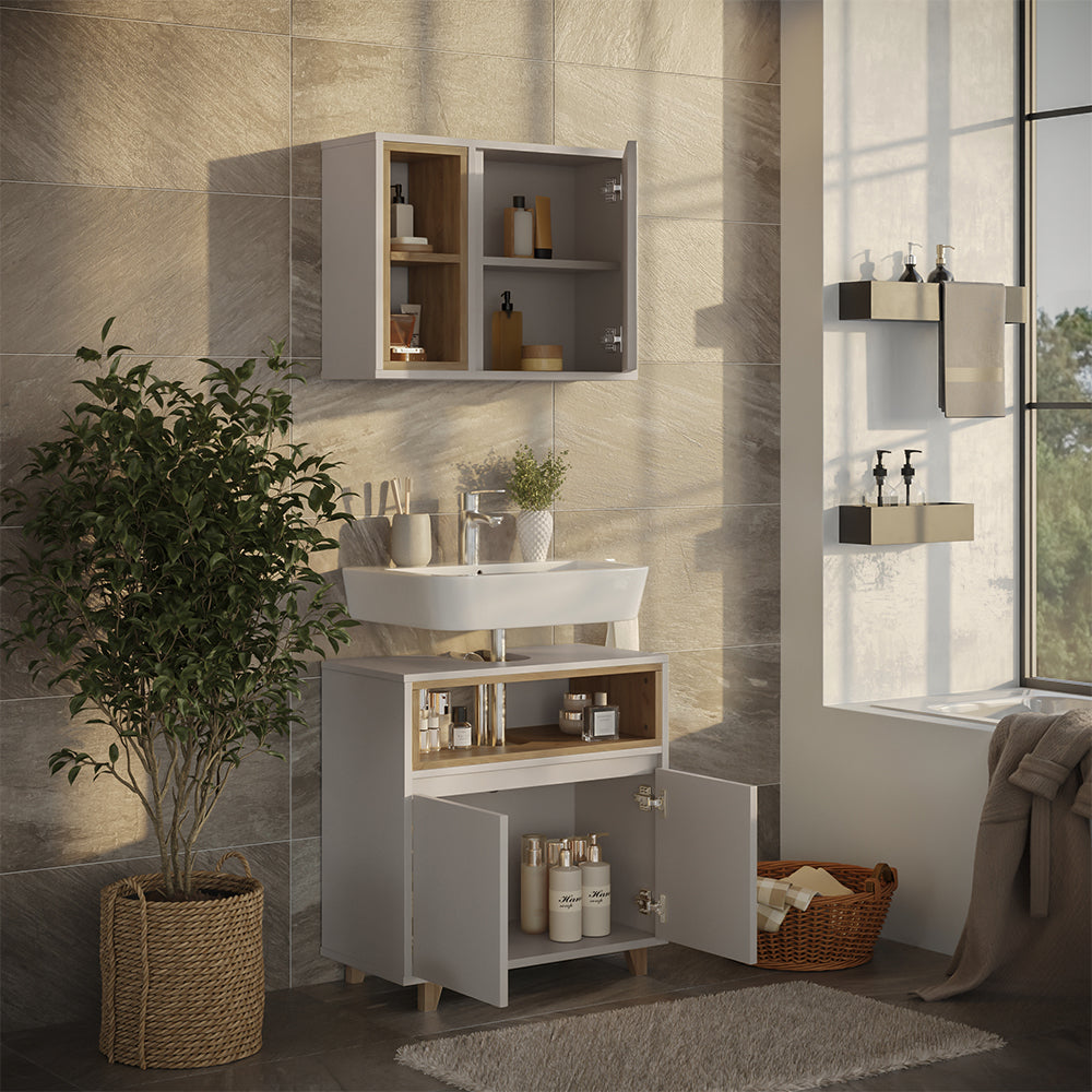 Vicco Set di mobili da bagno Greige/Rovere con mobiletto a specchio e mobiletto base