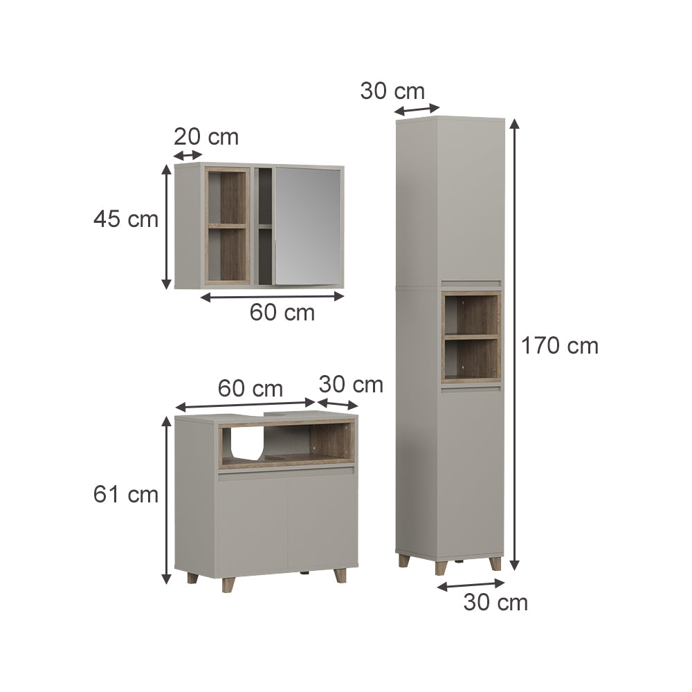 Vicco Set di mobili da bagno Greige/Rovere 3 parti con mobile alto