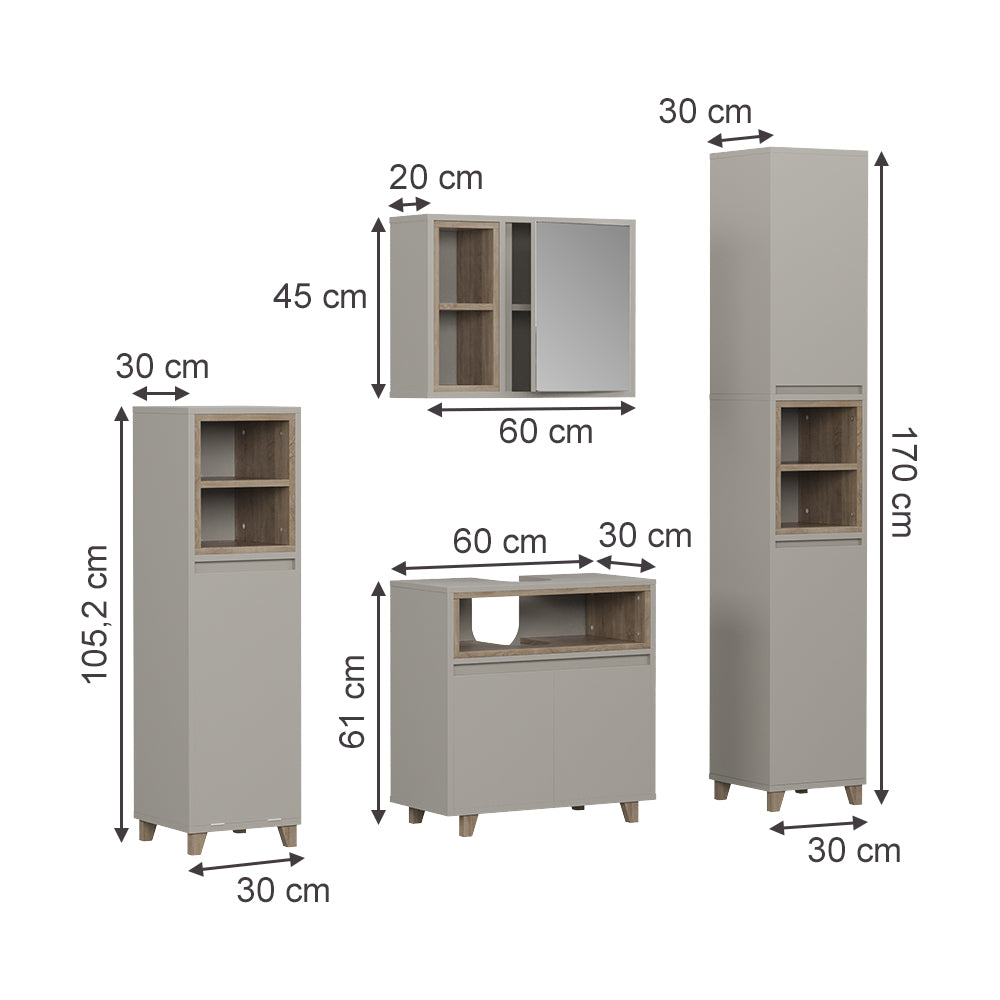 Vicco Set di mobili da bagno Greige/Rovere 4 parti