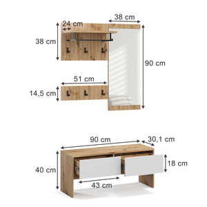 Vicco Armadio da ingresso Bianco/Artisan 90 x 40 cm 4 parti
