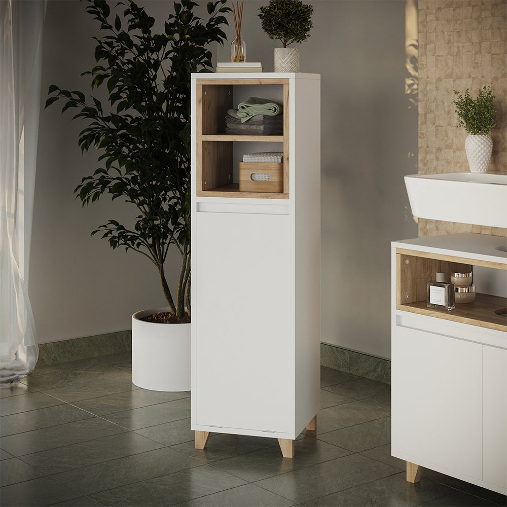 Vicco mobiletto bagno Bianco/quercia 30 x 105 cm con cesto portabiancheria pieghevole