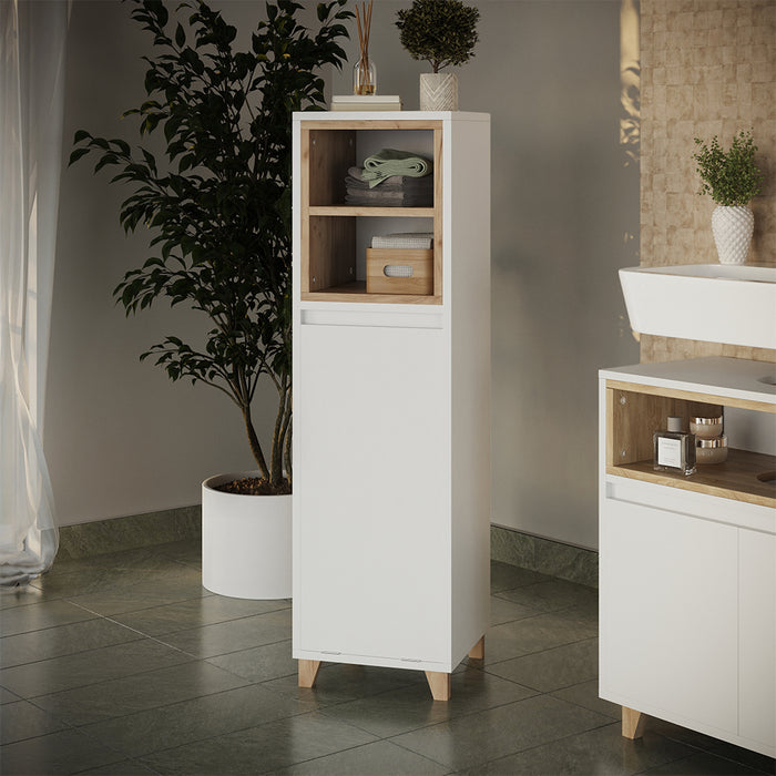 Vicco mobiletto bagno Bianco/quercia 30 x 105 cm con cesto portabiancheria pieghevole