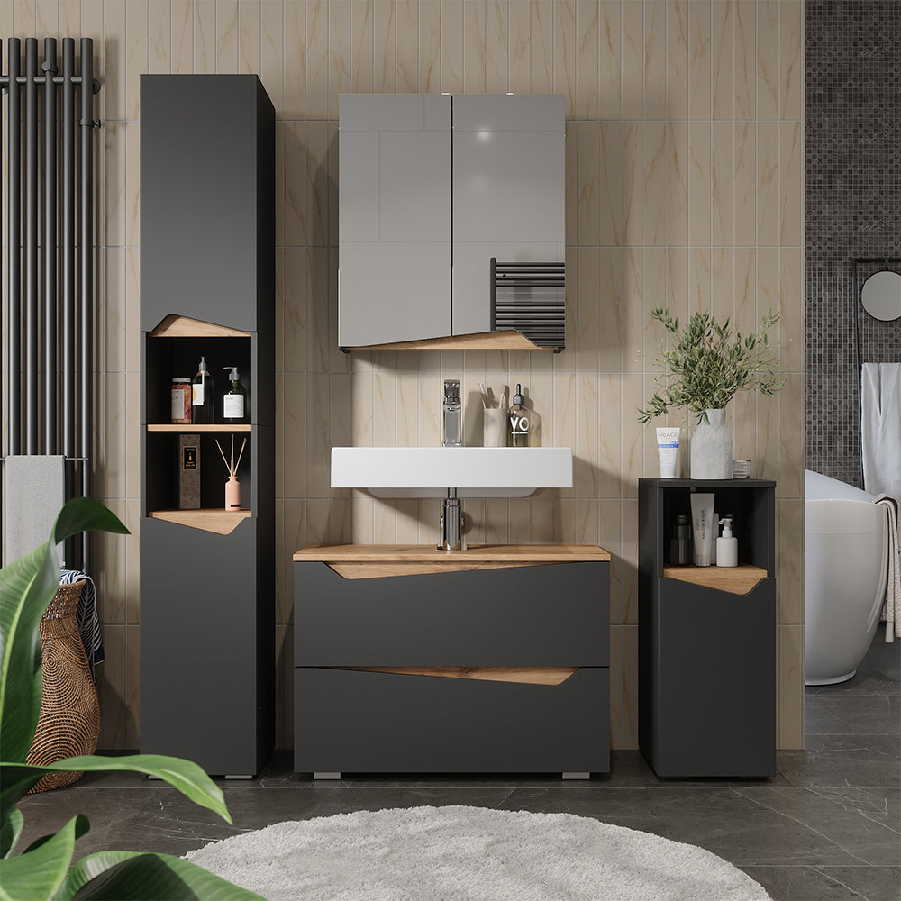 Vicco Specchio contenitore bagno Antracite/Artisan 60 x 67 cm con ripiano regolabile in altezza