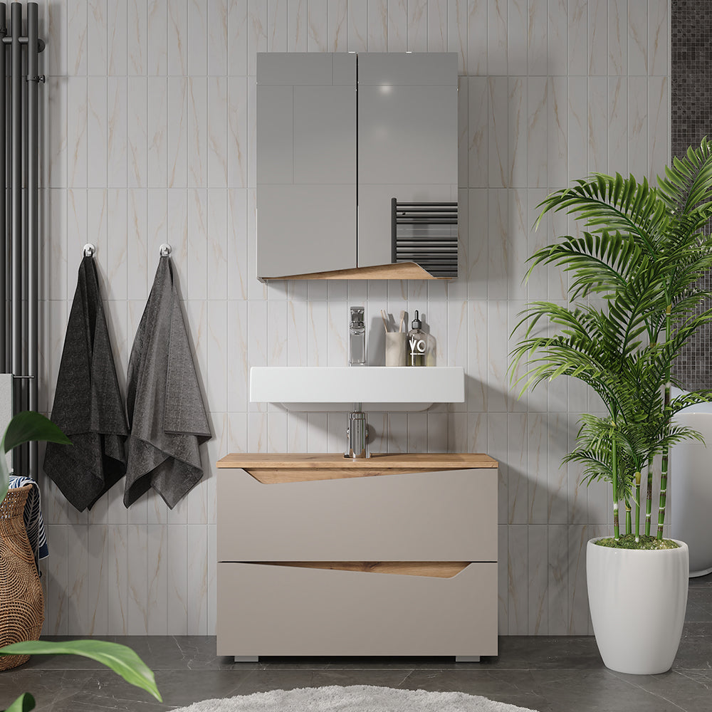 Vicco Specchio contenitore bagno Greige/rovere artigianale 60 x 67 cm con ripiano regolabile in altezza