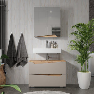 Vicco Specchio contenitore bagno Greige/rovere artigianale 60 x 67 cm con ripiano regolabile in altezza