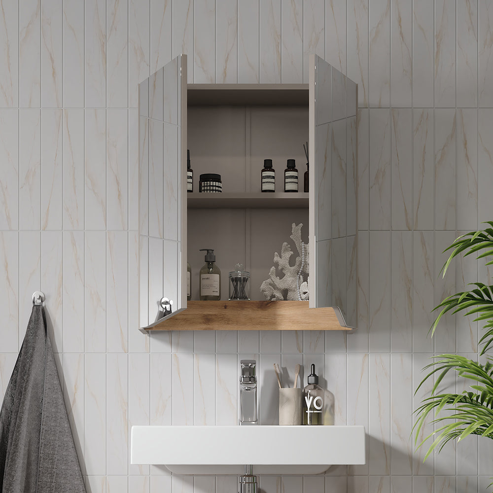 Vicco Specchio contenitore bagno Greige/rovere artigianale 60 x 67 cm con ripiano regolabile in altezza
