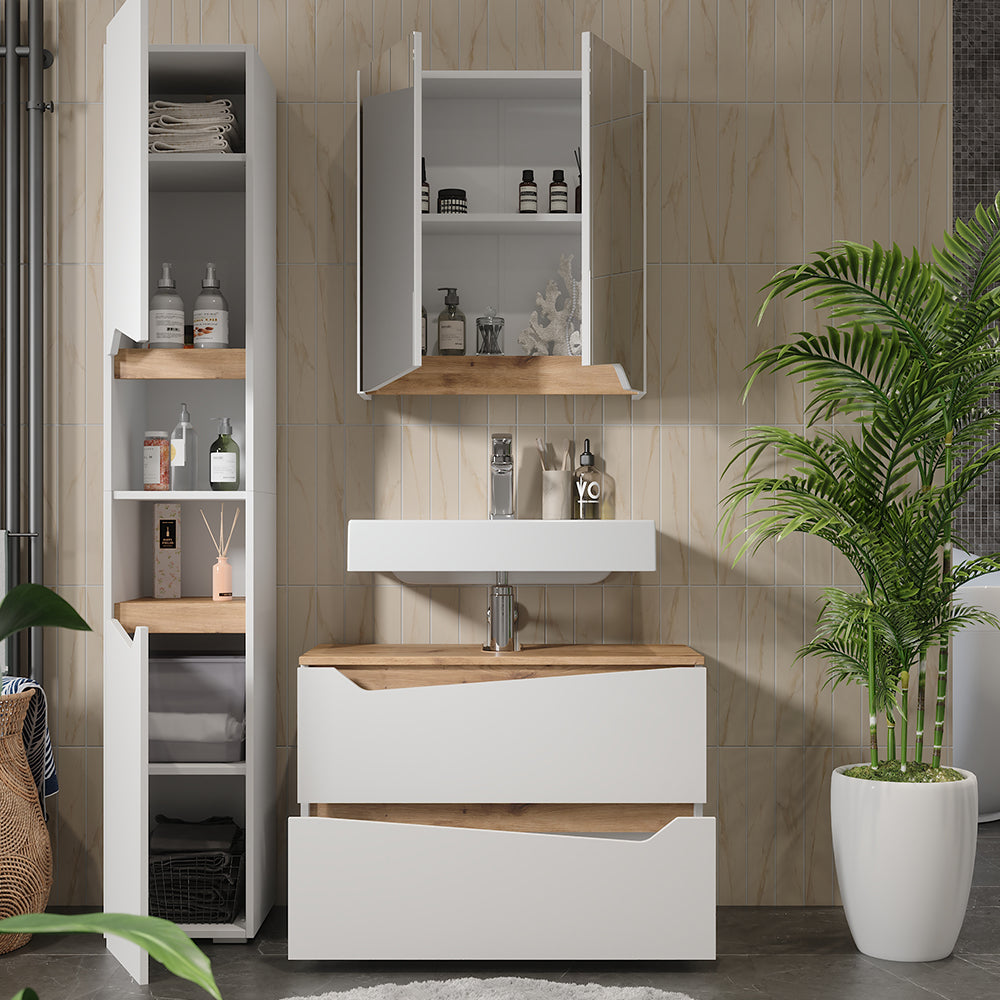 Vicco Set di mobili da bagno Bianco/Artisan 3 parti con mobile alto