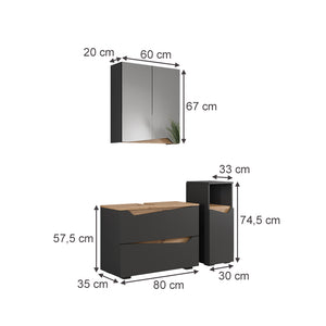 Vicco Set di mobili da bagno Antracite/Artisan 3 parti con cabinet midi