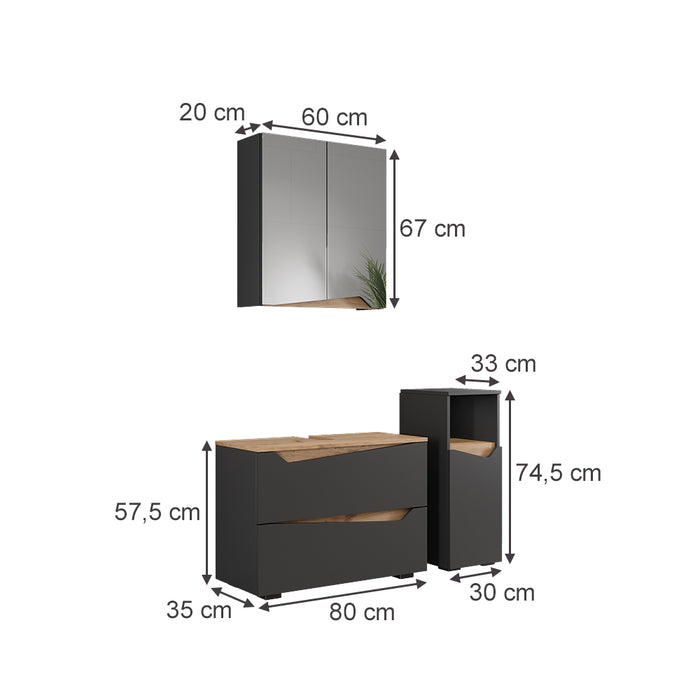 Vicco Set di mobili da bagno Antracite/Artisan 3 parti con cabinet midi