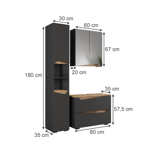 Vicco Set di mobili da bagno Antracite/Artisan 3 parti con mobile alto