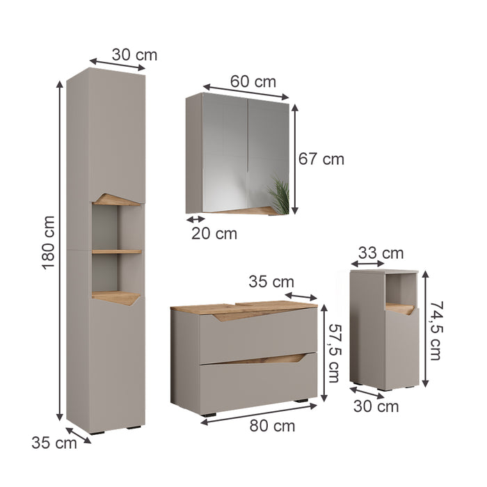 Vicco Set di mobili da bagno Greige/Artigianale 4 parti