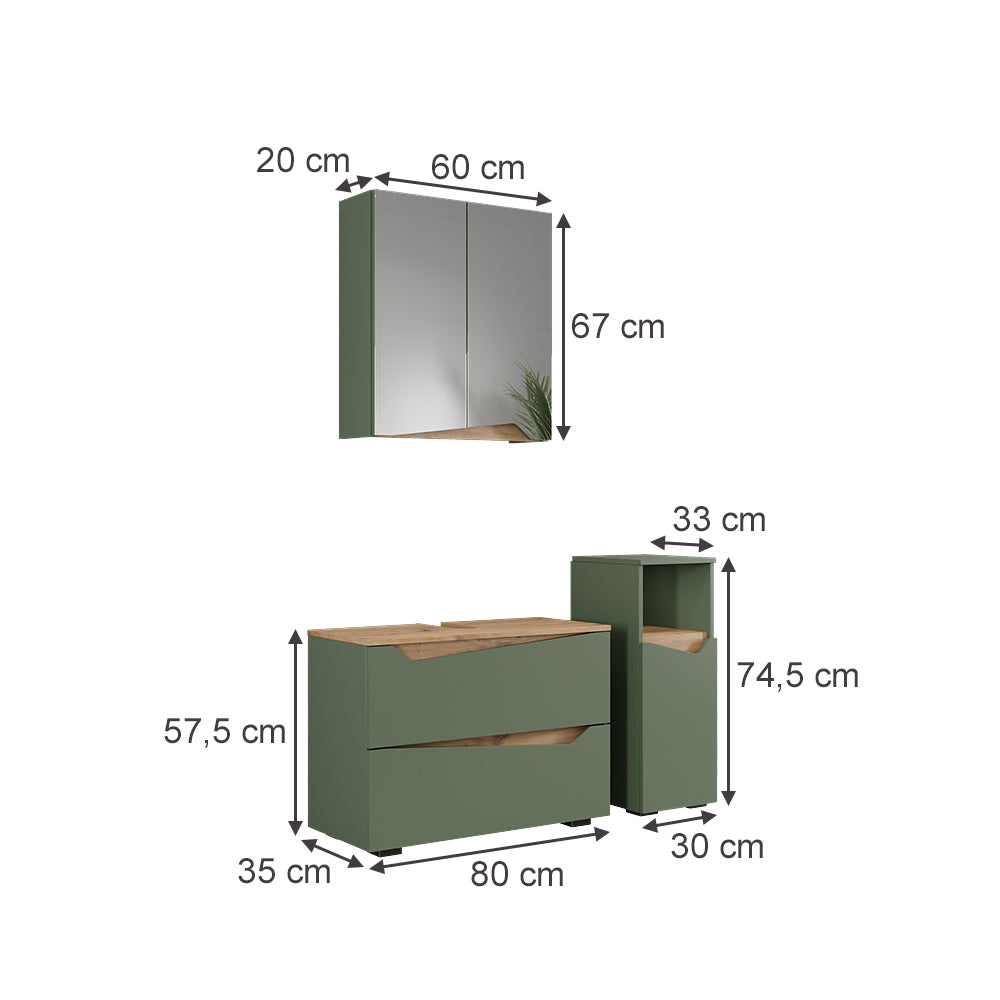 Vicco Set di mobili da bagno Verde/Artigianale 3 parti con cabinet midi