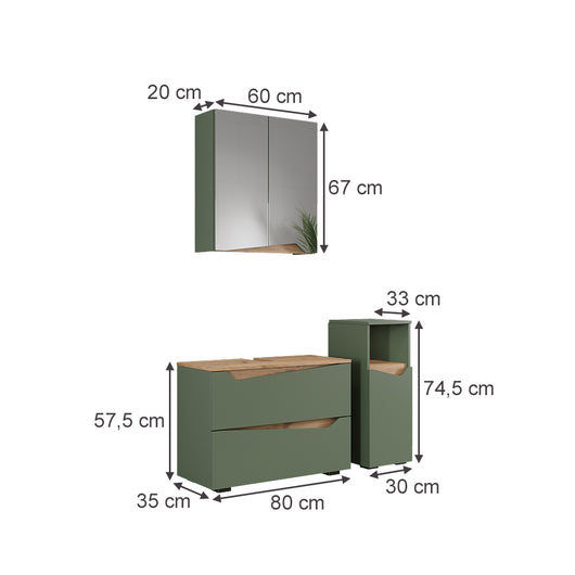 Vicco Set di mobili da bagno Verde/Artigianale 3 parti con cabinet midi