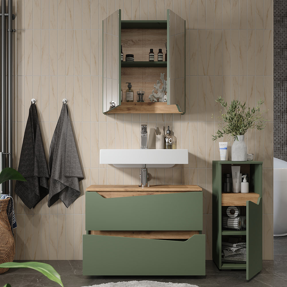 Vicco Set di mobili da bagno Verde/Artigianale 3 parti con cabinet midi
