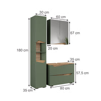 Vicco Set di mobili da bagno Verde/Artigianale 3 parti con mobile alto