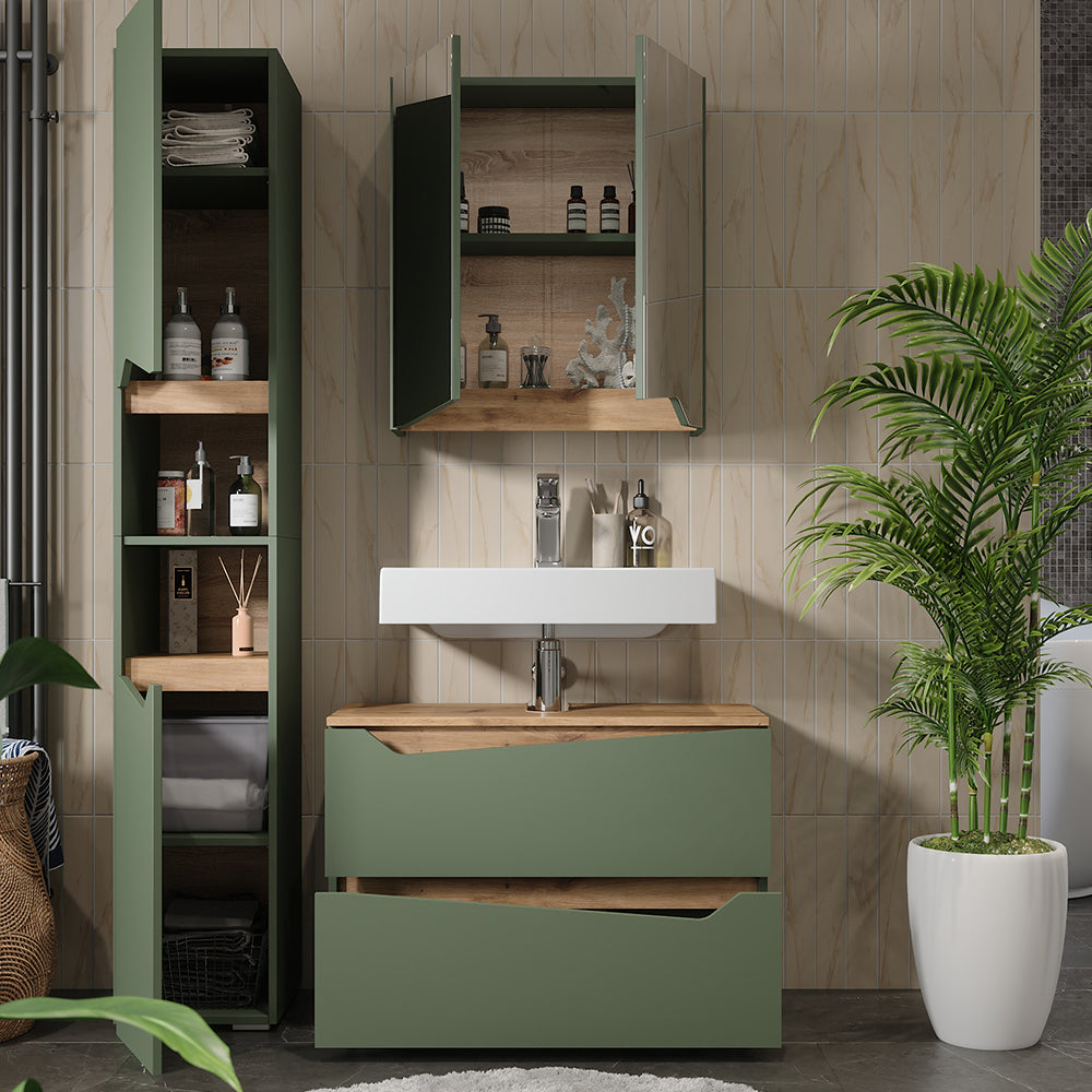 Vicco Set di mobili da bagno Verde/Artigianale 3 parti con mobile alto