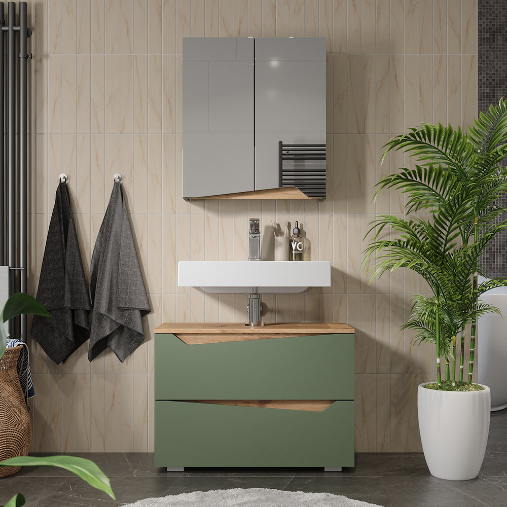 Vicco Specchio contenitore bagno Verde/Artigianale 60 x 67 cm con ripiano regolabile in altezza
