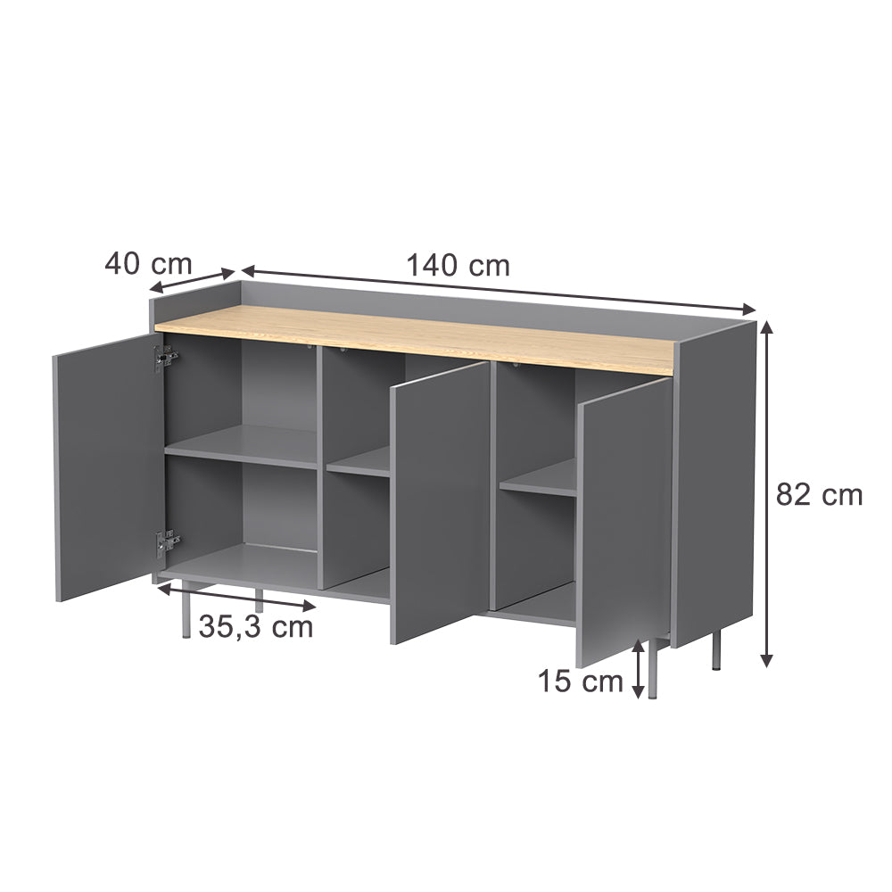 Vicco Credenza Grigio/quercia 140 x 82 cm con 6 scomparti