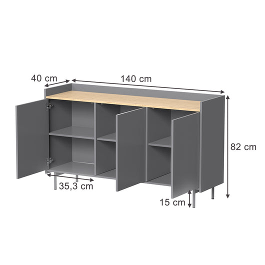 Vicco Credenza Grigio/quercia 140 x 82 cm con 6 scomparti