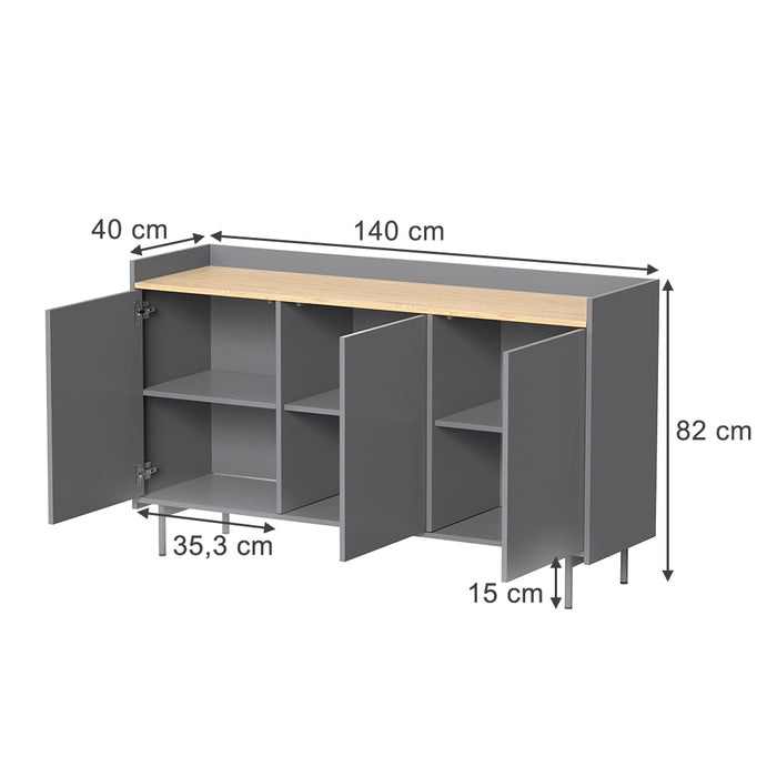 Vicco Credenza Grigio/quercia 140 x 82 cm con 6 scomparti