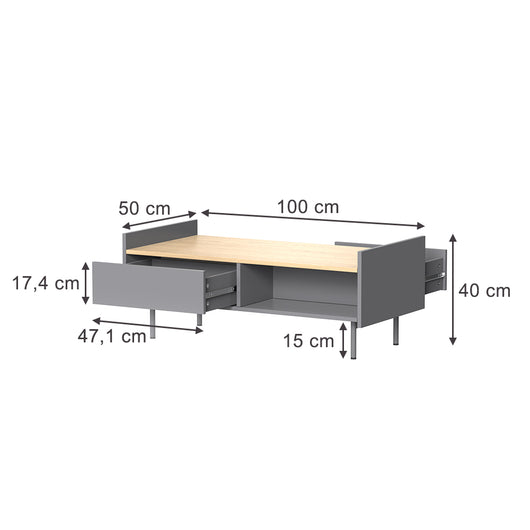 Vicco Tavolino Grigio/quercia 100 x 50 cm con 2 cassetti