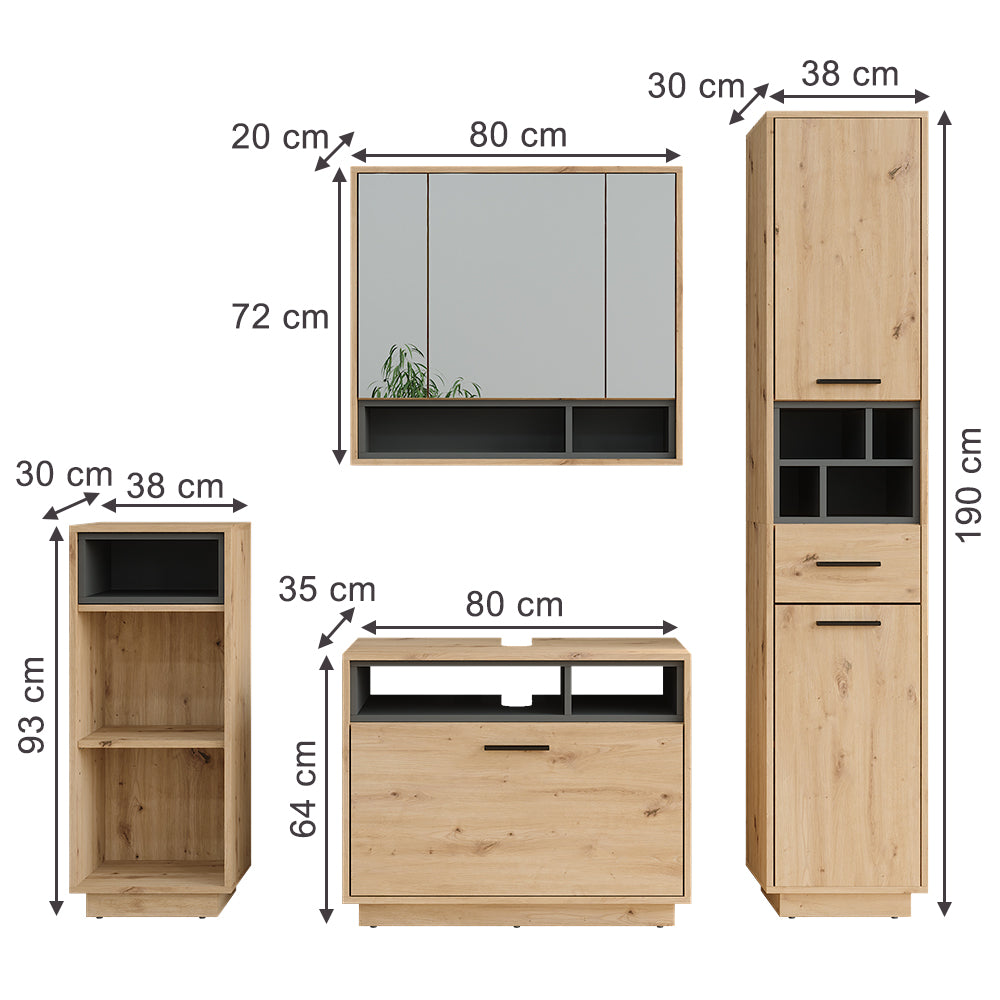 Vicco Set di mobili da bagno Rovere artigianale/antracite Set 4