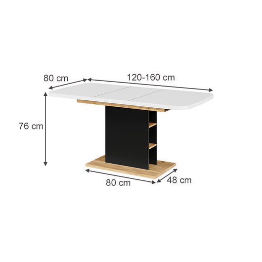 Vicco Tavolo da pranzo Estensibile Rovere bianco/nero/Goldkraft 120/160 x 80 cm con scomparti aperti