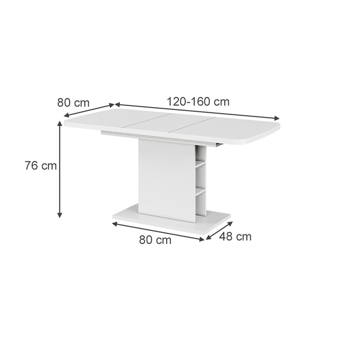 Vicco Tavolo da pranzo Estensibile Bianco 120/160 x 80 cm con scomparti aperti