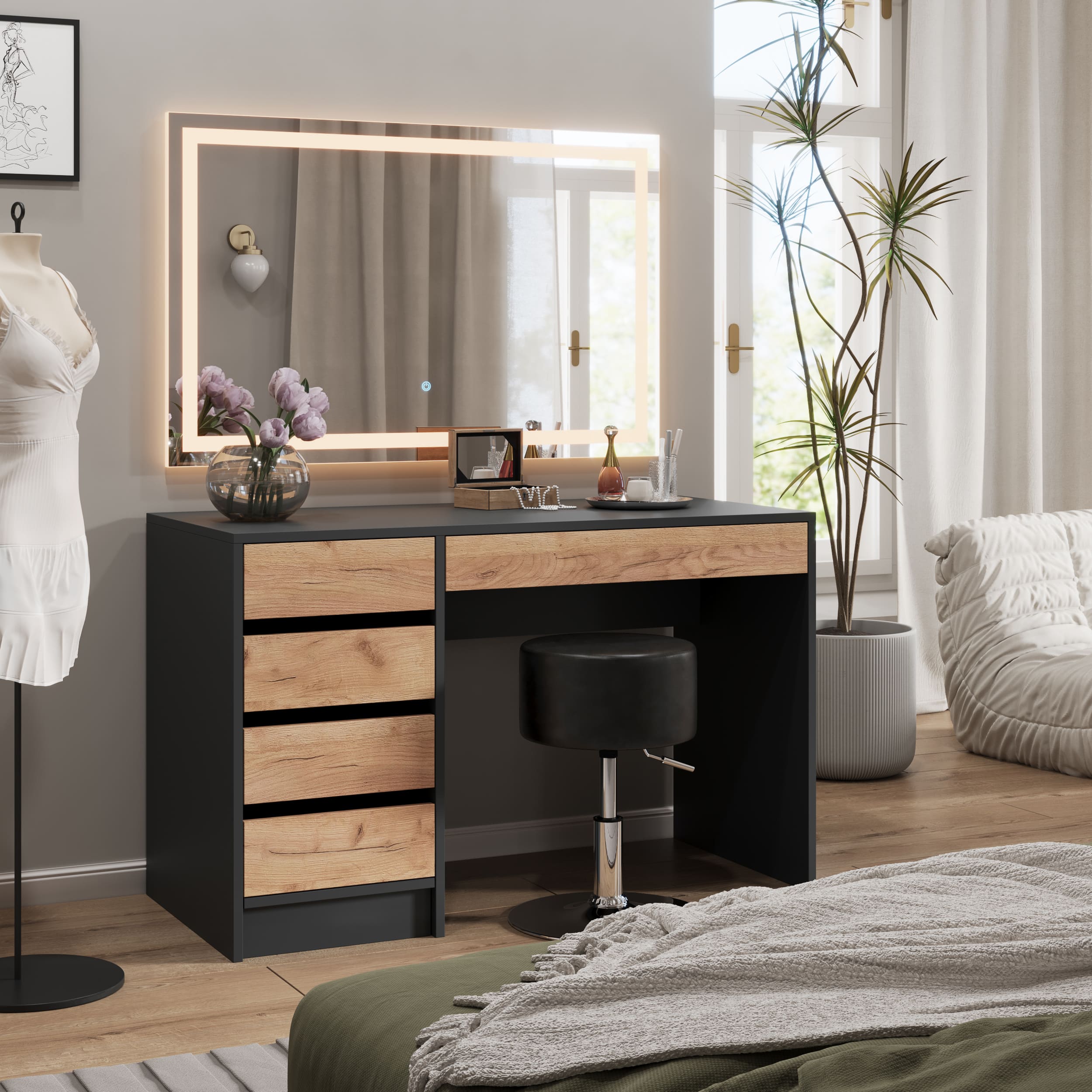 Vicco Sgabello Nero 33.5 x 67 cm per tavolo da toeletta