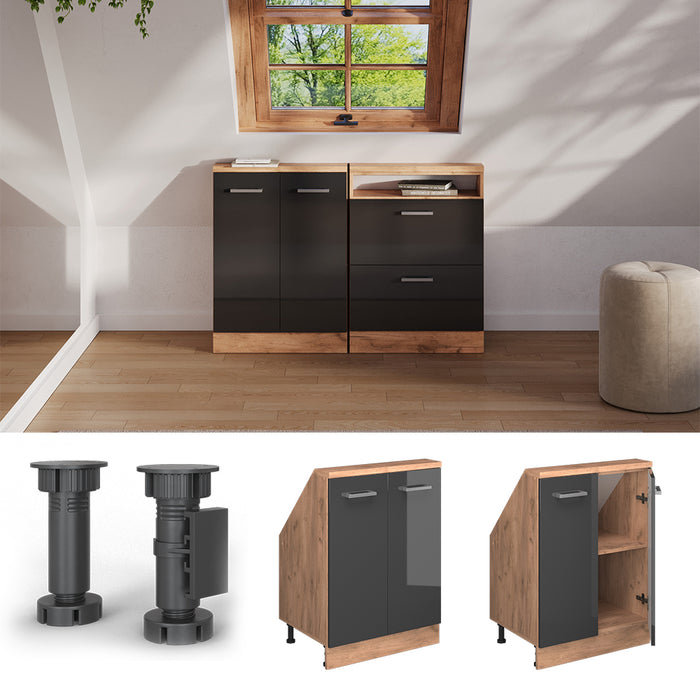 Vicco Mobile cucina sottotetto Antracite lucido/oro power oak 60 cm con 2 porte