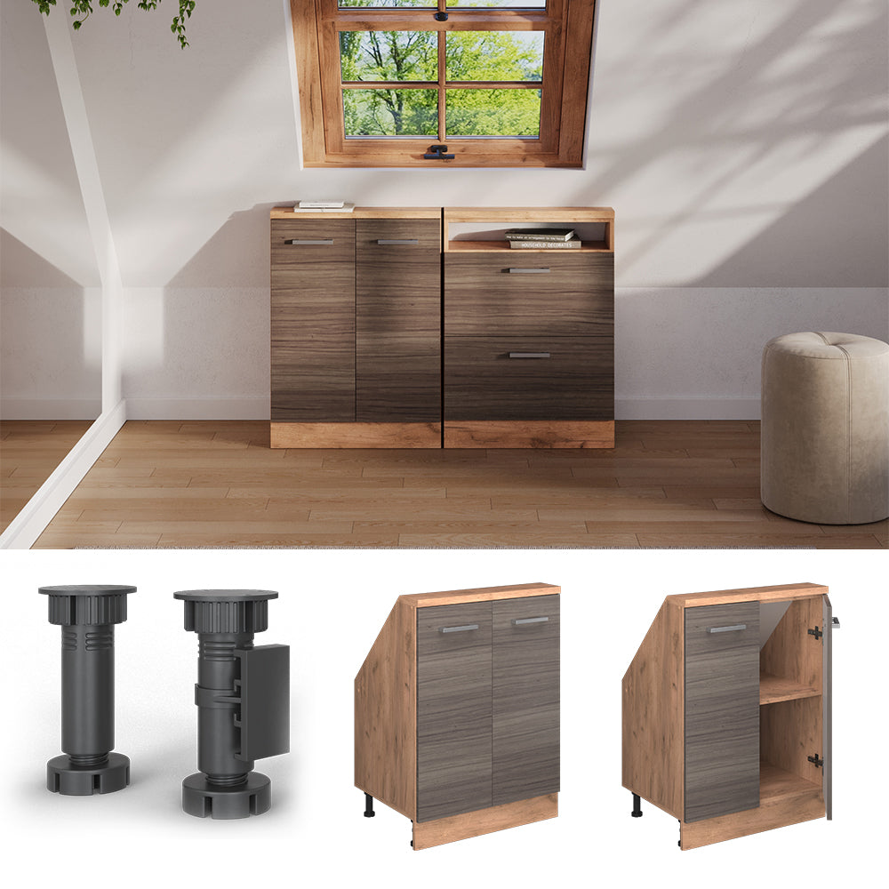 Vicco Mobile cucina sottotetto Grigio nobile/rovere dorato 60 cm con 2 porte