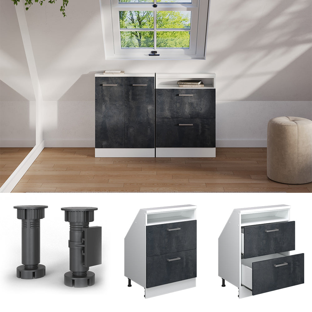 Vicco Mobile cucina sottotetto Nero cemento/bianco 60 cm con 2 cassetti