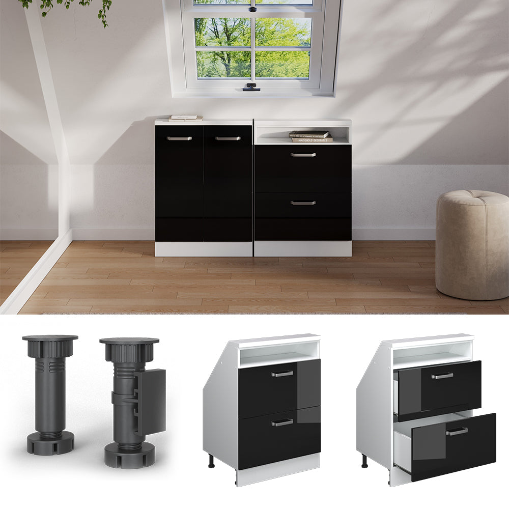 Vicco Mobile cucina sottotetto Nero lucido 60 cm con 2 cassetti