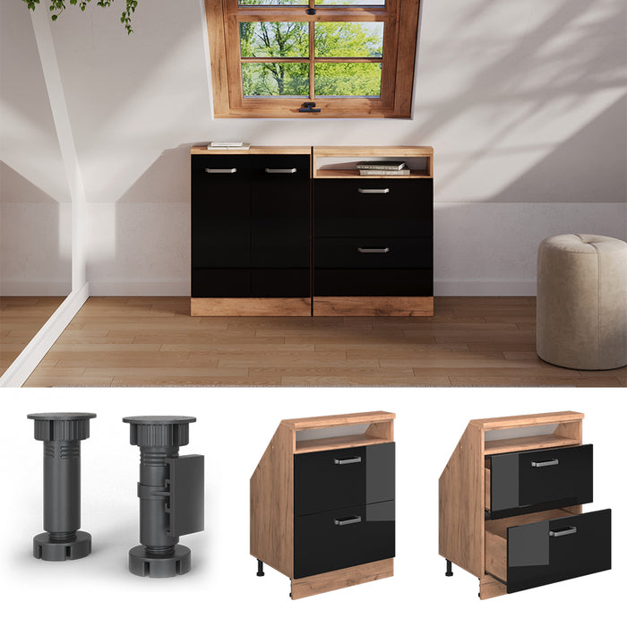 Vicco Mobile cucina sottotetto Rovere nero/oro lucido 60 cm con 2 cassetti