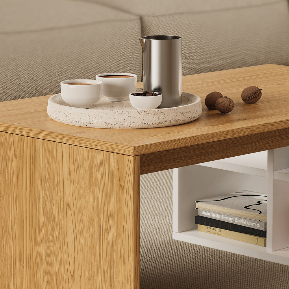 Vicco Tavolino da salotto Bianco/quercia 90 x 50 cm con 4 scomparti aperti