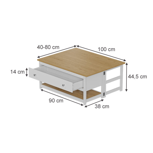 Vicco Tavolino salotto Bianco/quercia 100 x 40 cm con piano del tavolo pieghevole