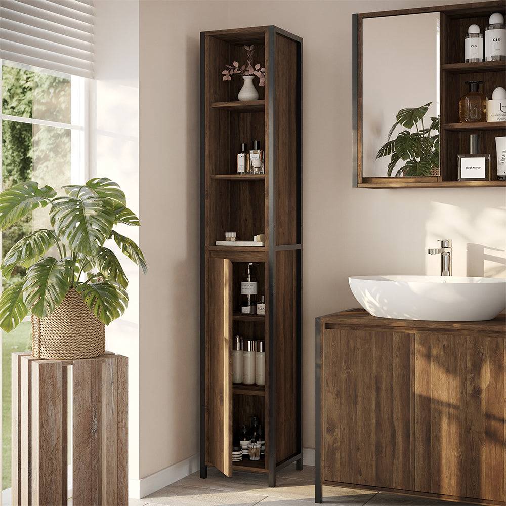 Vicco Armadio per il bagno Quercia/nero 30 x 167.5 cm con 3 scomparti aperti e 3 chiusi