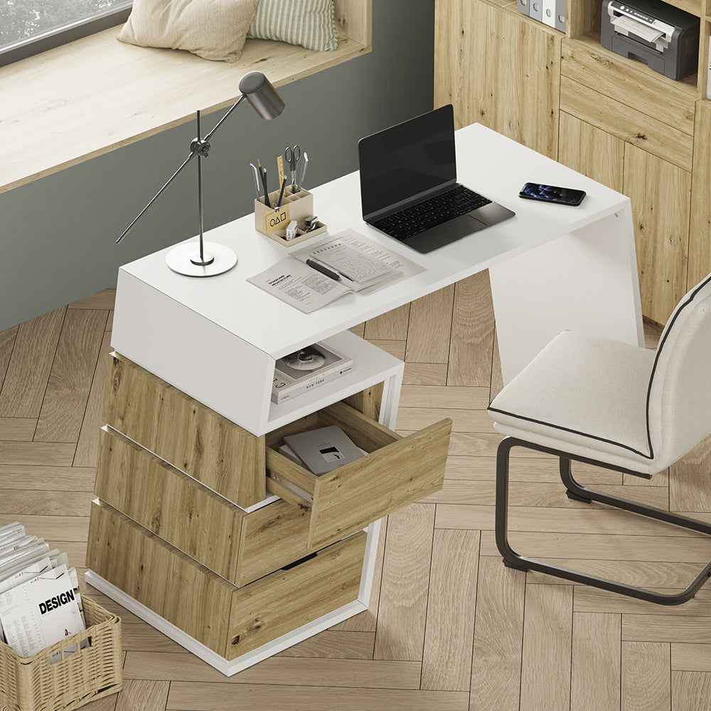 Vicco Scrivania Bianco/quercia 105 x 50 cm con 3 cassetti