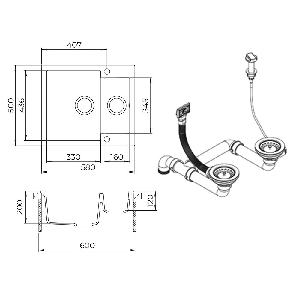 Bergström Lavello Grigio 58 x 50 cm con 2 lavelli
